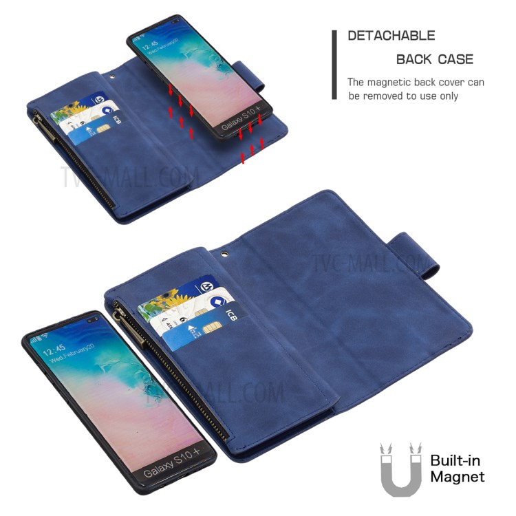 BF02 Sedosa Caso Carteira Pele Toque Suporte De Couro Telefone Com Bolso Com Zíper Para Samsung Galaxy S10 Mais - Azul-2