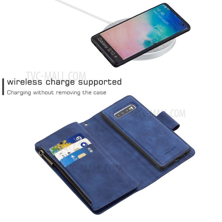 BF02 Sedosa Caso Carteira Pele Toque Suporte De Couro Telefone Com Bolso Com Zíper Para Samsung Galaxy S10 Mais - Azul-5