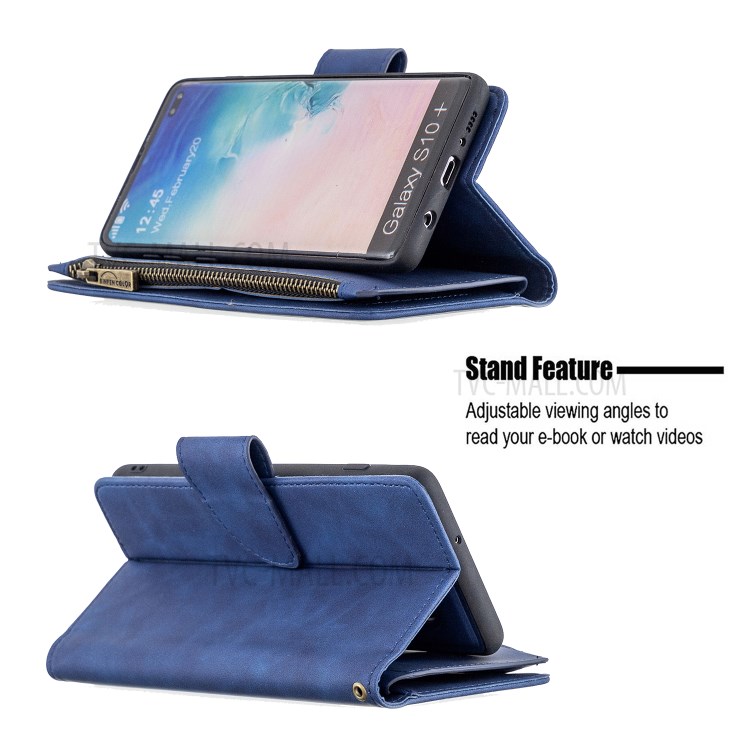 BF02 Sedosa Caso Carteira Pele Toque Suporte De Couro Telefone Com Bolso Com Zíper Para Samsung Galaxy S10 Mais - Azul-6