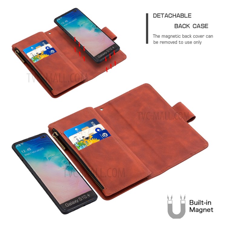 Carpeta De La Caja De La Piel Del Cuero Del Soporte Táctil Del Teléfono BF02 Sedoso, Con Bolsillo Con Cremallera Para La Galaxia S10 Plus - Marrón-2