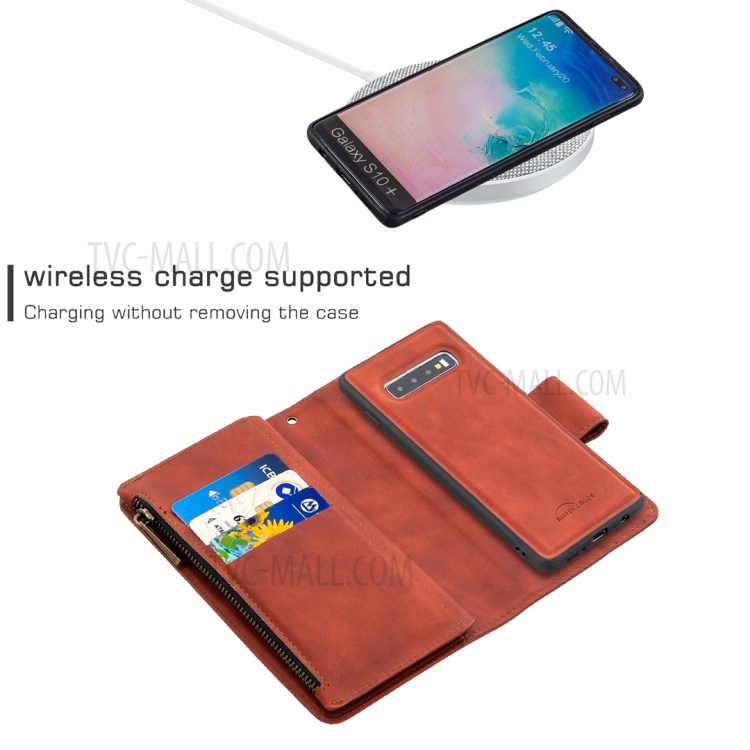 Carpeta De La Caja De La Piel Del Cuero Del Soporte Táctil Del Teléfono BF02 Sedoso, Con Bolsillo Con Cremallera Para La Galaxia S10 Plus - Marrón-5