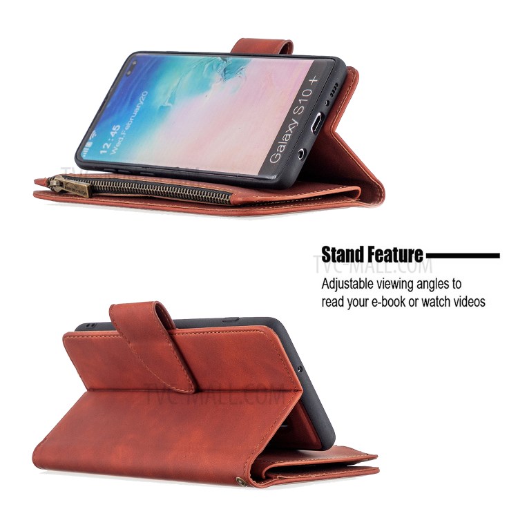 Carpeta De La Caja De La Piel Del Cuero Del Soporte Táctil Del Teléfono BF02 Sedoso, Con Bolsillo Con Cremallera Para La Galaxia S10 Plus - Marrón-6