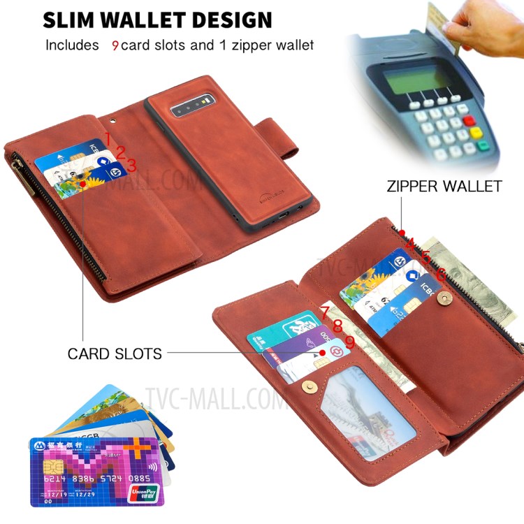 Carpeta De La Caja De La Piel Del Cuero Del Soporte Táctil Del Teléfono BF02 Sedoso, Con Bolsillo Con Cremallera Para La Galaxia S10 Plus - Marrón-7