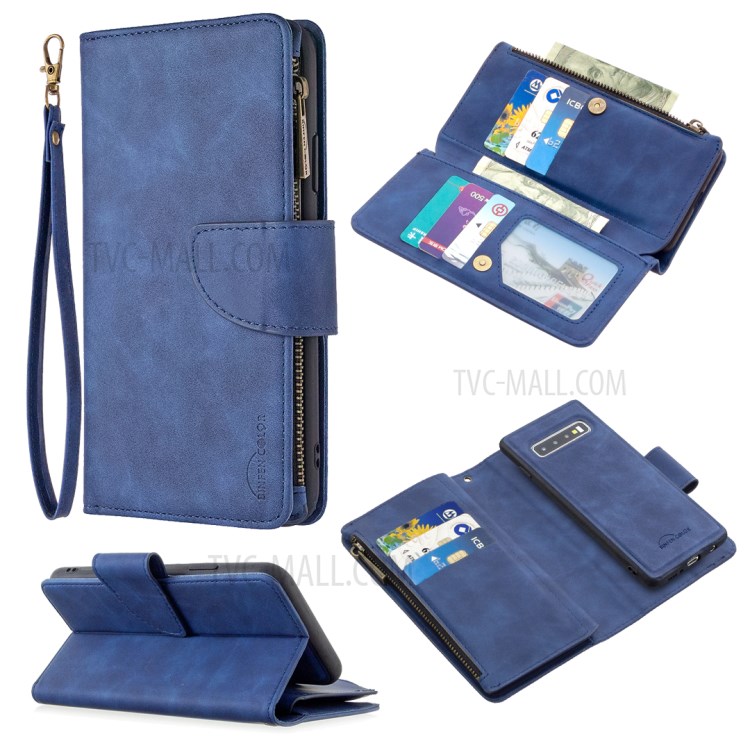 BF02 Sedosa Caso De Telefone Pele Toque 9 Slots De Cartão De Couro Suporte Com Bolso Com Zíper Para Samsung Galaxy S10 - Azul-1