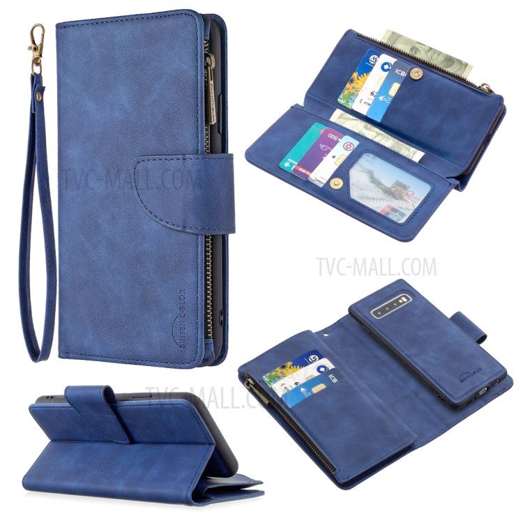 BF02 Silky Touch Skin 9 Card Slots Leather Stand Phone Case with Zipper Pocket for Samsung Galaxy S10 - Blue-1