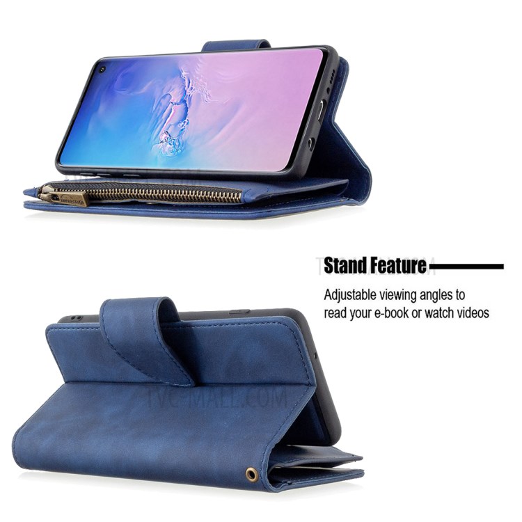 BF02 Sedosa Caso De Telefone Pele Toque 9 Slots De Cartão De Couro Suporte Com Bolso Com Zíper Para Samsung Galaxy S10 - Azul-3