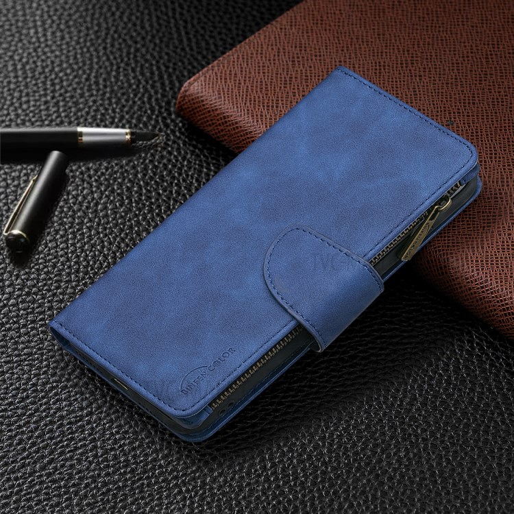 BF02 Silky Touch Skin 9 Card Slots Leather Stand Phone Case with Zipper Pocket for Samsung Galaxy S10 - Blue-5