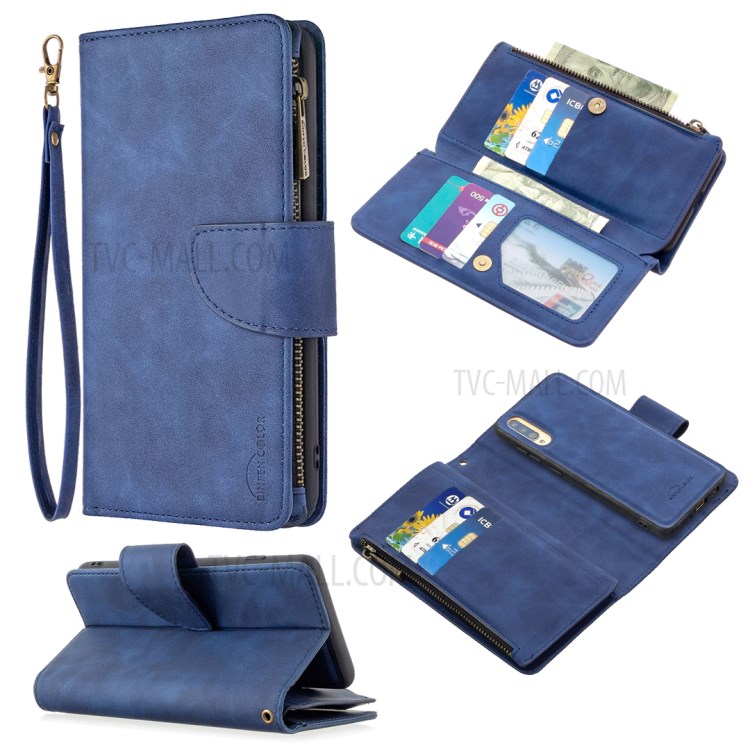 BF02 Silky Touch Skin 9 Card Slots Leather Stand Protective Case with Zipper Pocket for Samsung Galaxy A70 - Blue-1