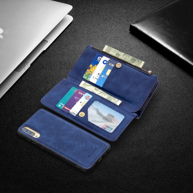 BF02 Sedosa Pele Toque 9 Cartão De Slots De Couro Ficar Estojo De Protecção Com Bolso Com Zíper Para Samsung Galaxy A70 - Azul-10