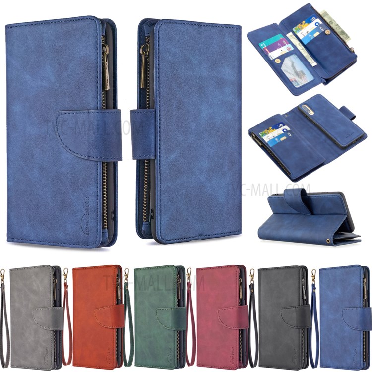 BF02 Sedosa Pele Toque 9 Cartão De Slots De Couro Ficar Estojo De Protecção Com Bolso Com Zíper Para Samsung Galaxy A70 - Azul-12