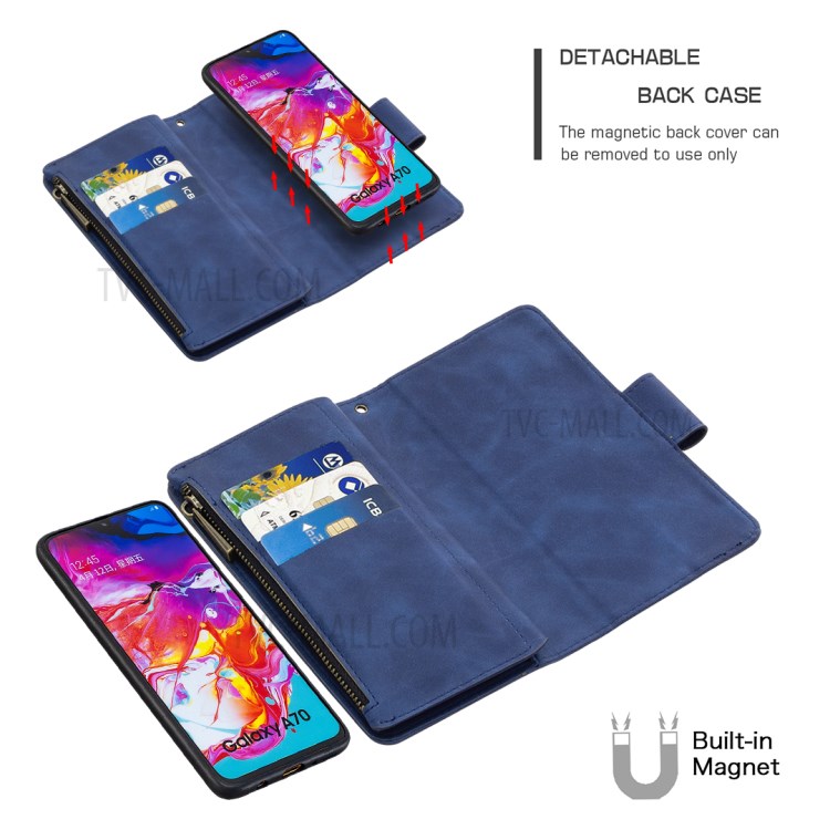 BF02 Sedosa Pele Toque 9 Cartão De Slots De Couro Ficar Estojo De Protecção Com Bolso Com Zíper Para Samsung Galaxy A70 - Azul-2