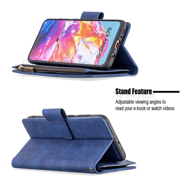 BF02 Silky Touch Skin 9 Card Slots Leather Stand Protective Case with Zipper Pocket for Samsung Galaxy A70 - Blue-6