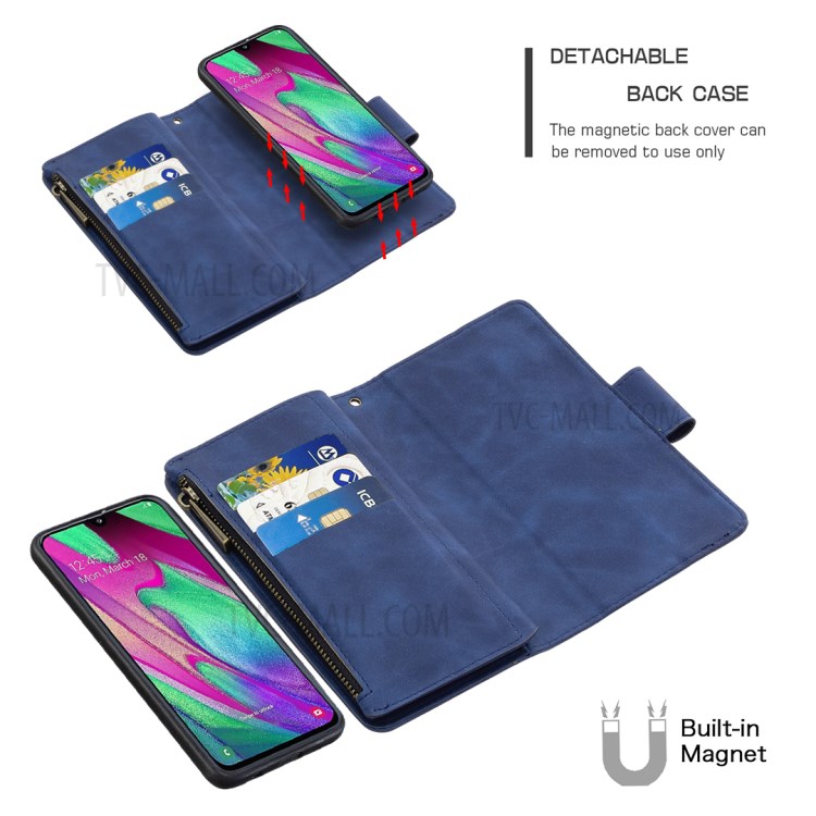 BF02 Silky Touch Skin 9 Card Slots Leather Stand Cover Case with Zipper Pocket for Samsung Galaxy A40 - Blue-2