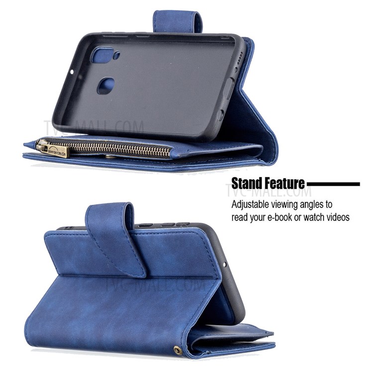 BF02 Silky Touch Skin 9 Card Slots Leather Stand Cover Case with Zipper Pocket for Samsung Galaxy A40 - Blue-6