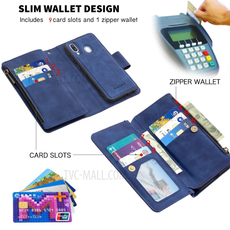 BF02 Silky Touch Skin 9 Card Slots Leather Stand Cover Case with Zipper Pocket for Samsung Galaxy A40 - Blue-7