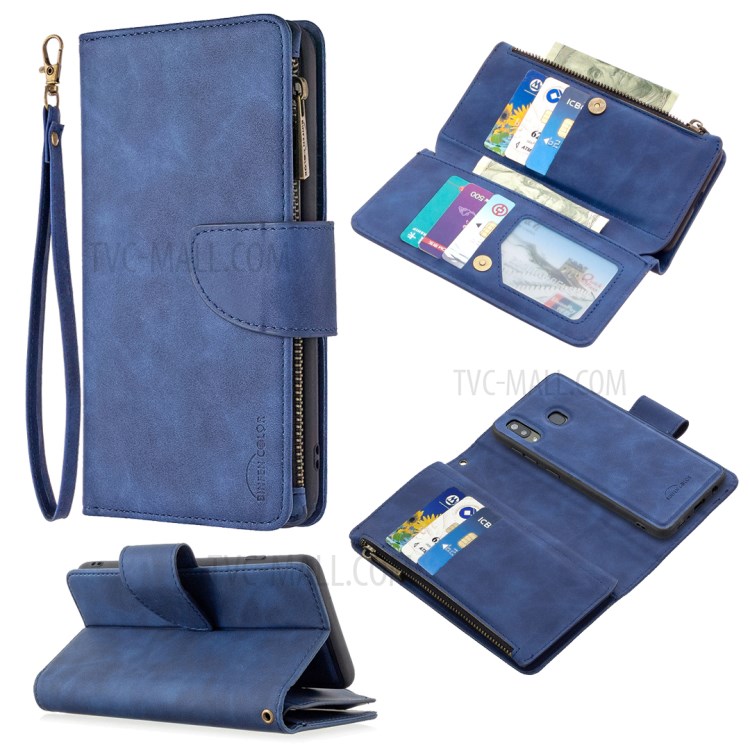 BF02 Silky Touch Skin 9 Card Slots Leather Stand Phone Case with Zipper Pocket for Samsung Galaxy A20/A30 - Blue-1