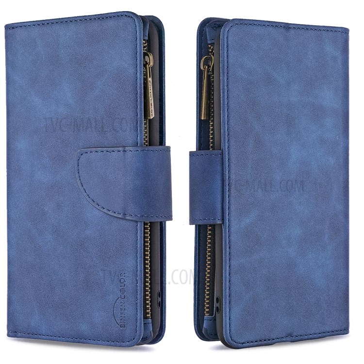 BF02 Silky Touch Skin 9 Card Slots Leather Stand Phone Case with Zipper Pocket for Samsung Galaxy A20/A30 - Blue-4