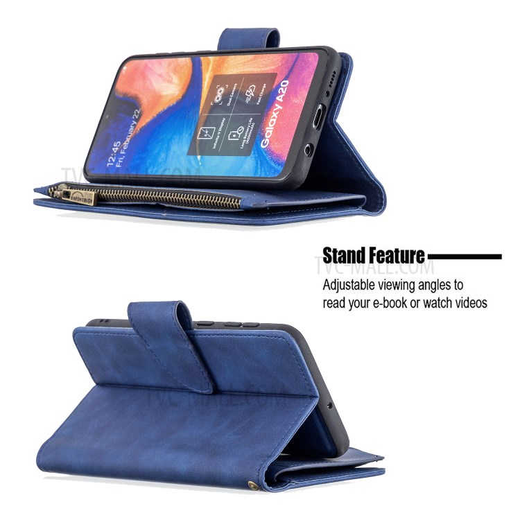 BF02 Silky Touch Skin 9 Card Slots Leather Stand Phone Case with Zipper Pocket for Samsung Galaxy A20/A30 - Blue-6