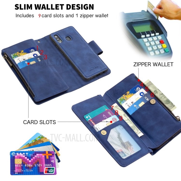 BF02 Silky Touch Skin 9 Card Slots Leather Stand Phone Case with Zipper Pocket for Samsung Galaxy A20/A30 - Blue-7