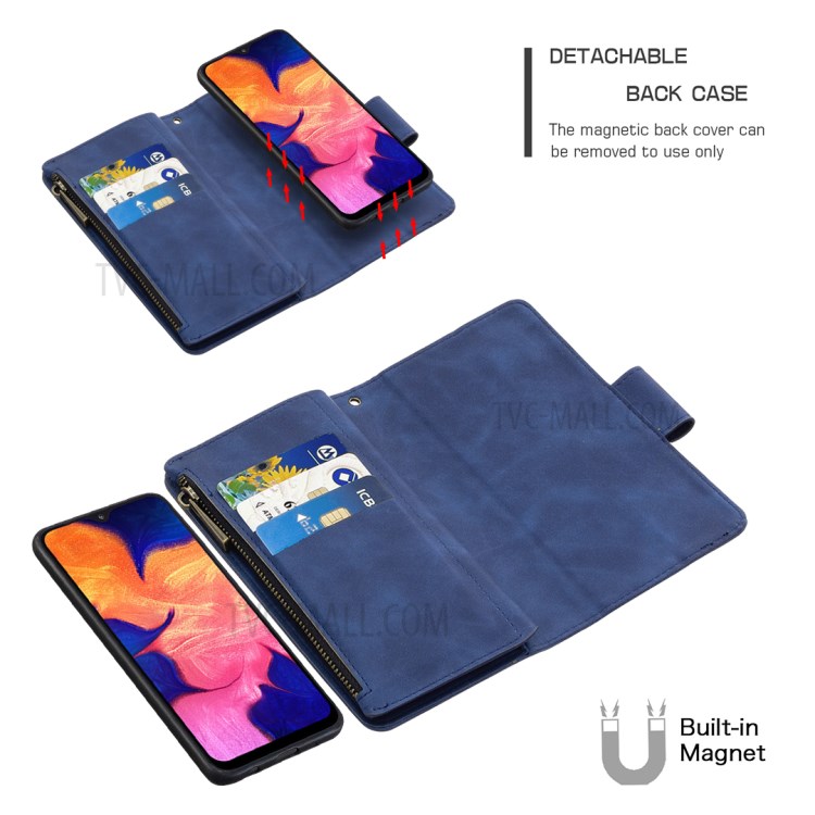 BF02 Silky Touch Skin 9 Card Slots Leather Stand Phone Case with Zipper Pocket for Samsung Galaxy M10 / A10 - Blue-2