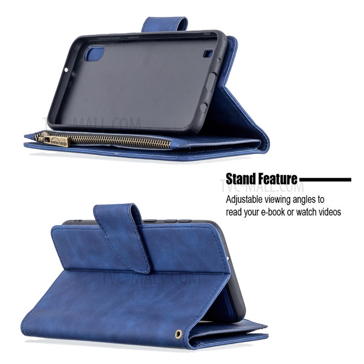 BF02 Silky Touch Skin 9 Card Slots Leather Stand Phone Case with Zipper Pocket for Samsung Galaxy M10 / A10 - Blue-6