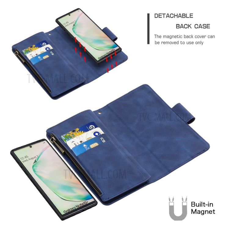 BF02 Silky Touch Skin 9 Card Slotst Leather Stand Phone Case with Zipper Pocket for Samsung Galaxy Note 10 Plus - Blue-2