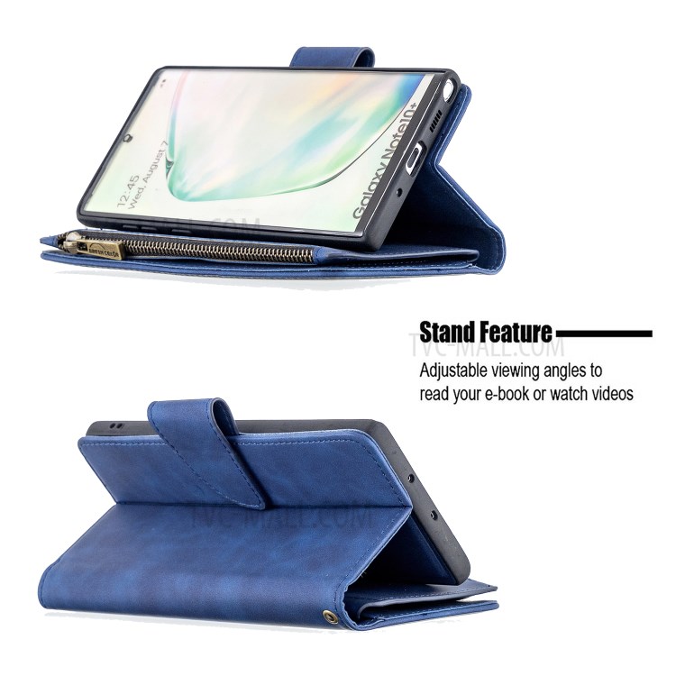 Pele Toque Sedoso BF02 9 Cartão Estojo De Couro Slotst Suporte Do Telefone Com Bolso Com Zíper Para Samsung Nota Galáxia 10 Mais - Azul-6