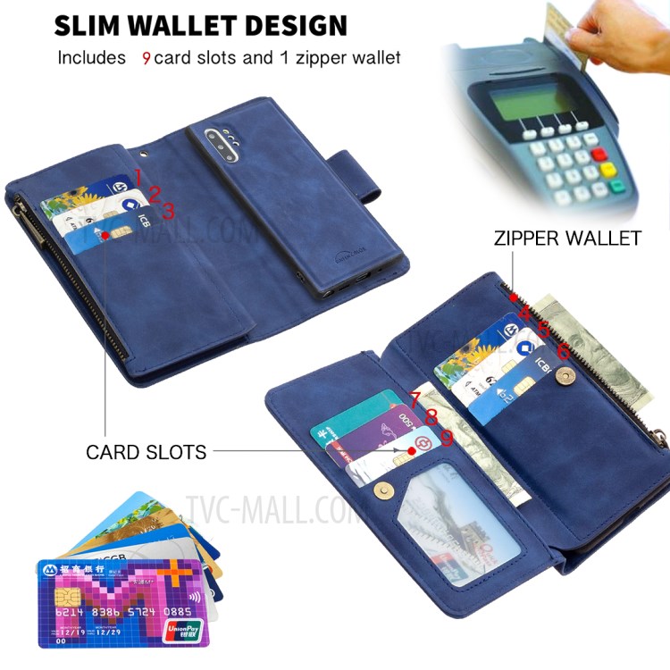 BF02 Silky Touch Skin 9 Card Slotst Leather Stand Phone Case with Zipper Pocket for Samsung Galaxy Note 10 Plus - Blue-7