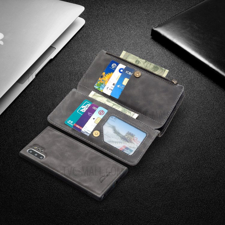 BF02 Silky Touch Skin 9 Card Slotst Leather Stand Phone Case with Zipper Pocket for Samsung Galaxy Note 10 Plus - Grey-10