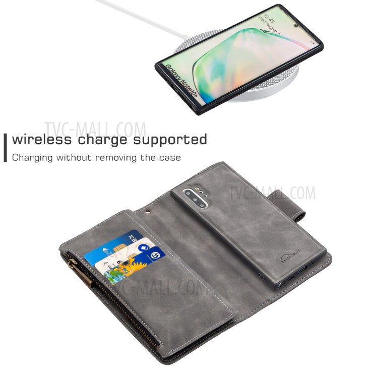 BF02 Silky Touch Skin 9 Card Slotst Leather Stand Phone Case with Zipper Pocket for Samsung Galaxy Note 10 Plus - Grey-5