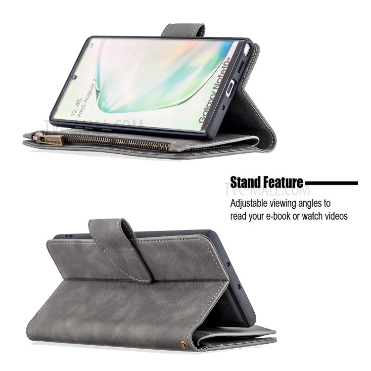 BF02 Silky Touch Skin 9 Tarjeta Slotst Soporte De Cuero Estuche Para Teléfono Con Bolsillo Con Cremallera Para Samsung Galaxy Note 10 Plus - Gris-6