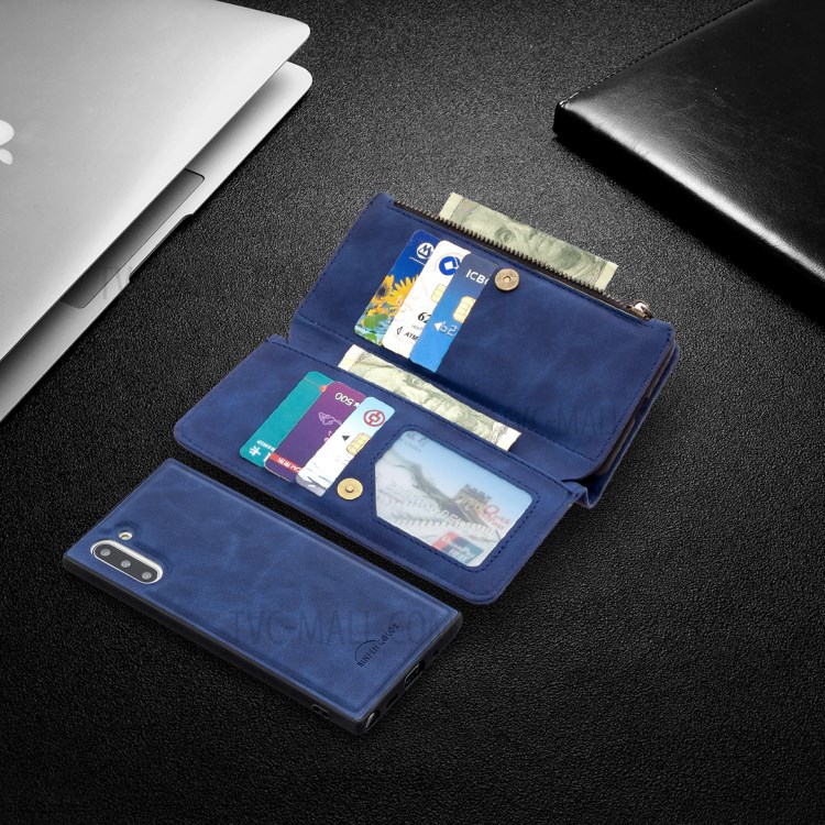 Zipper Bolso Destacável 2-in-1 Couro Caso Suporte Carteira Para Xiaomi Mi Nota 10 - Azul-10