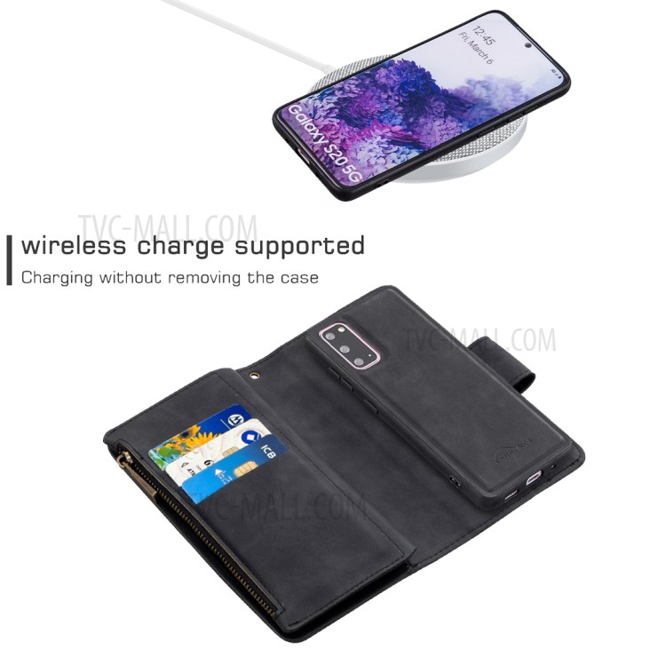 Zipper Pocket Detachable 2-in-1 Leather Wallet Stand Phone Case for Samsung Galaxy S20 - Black-4
