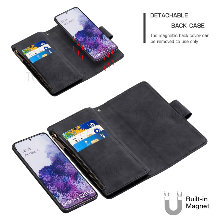 Zipper Pocket Detachable 2-in-1 Leather Wallet Stand Phone Case for Samsung Galaxy S20 - Black-7
