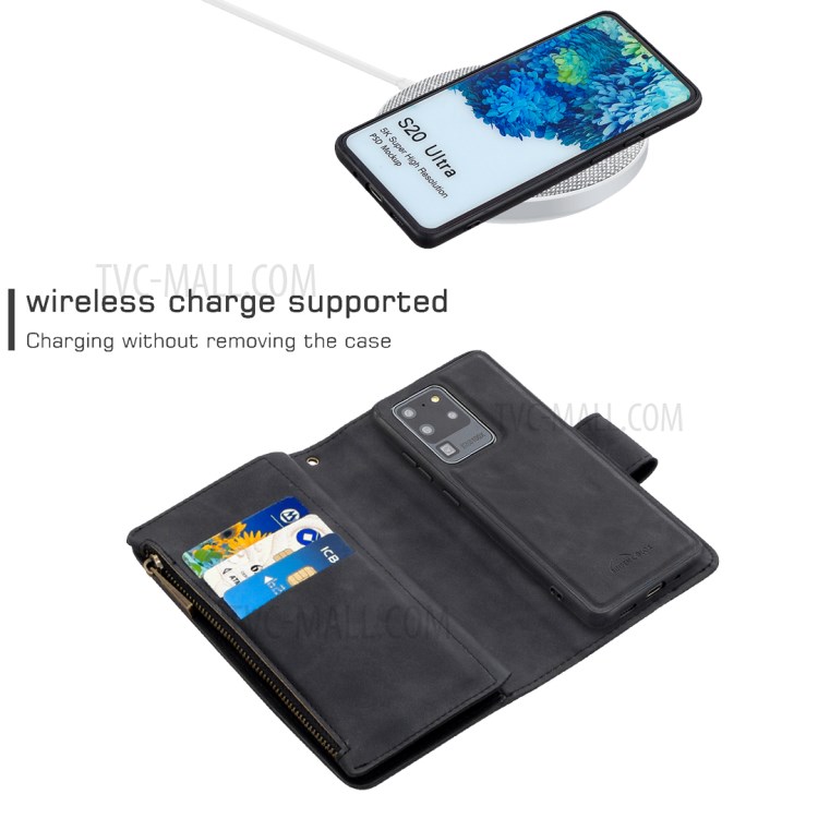 Reißverschlusspocket Abnehmbar 2-in-1 Leder-brieftaschenständer Telefonabdeckung Für Samsung Galaxy S20 Ultra - Schwarz