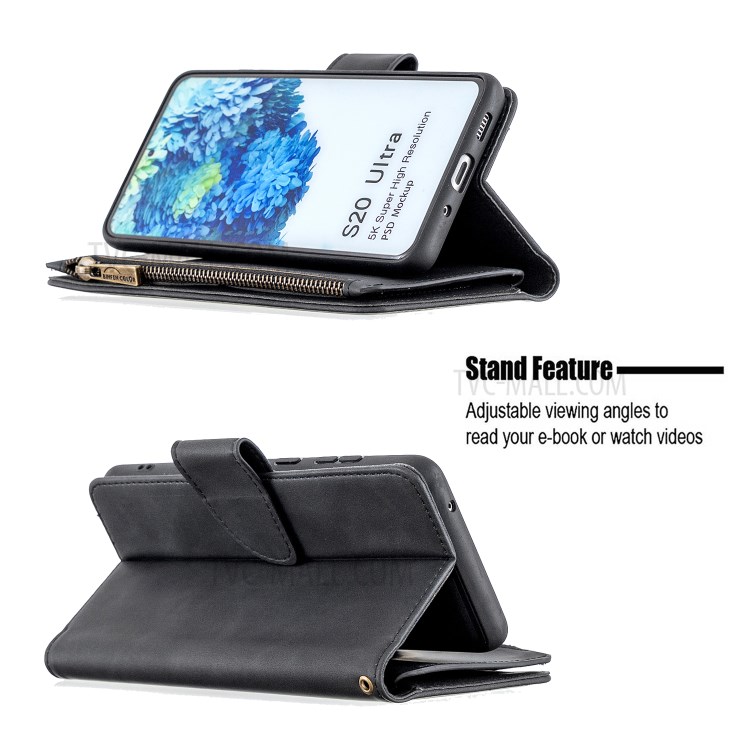 Zipper Pocket Detachable 2-in-1 Leather Wallet Stand Phone Cover for Samsung Galaxy S20 Ultra - Black-5
