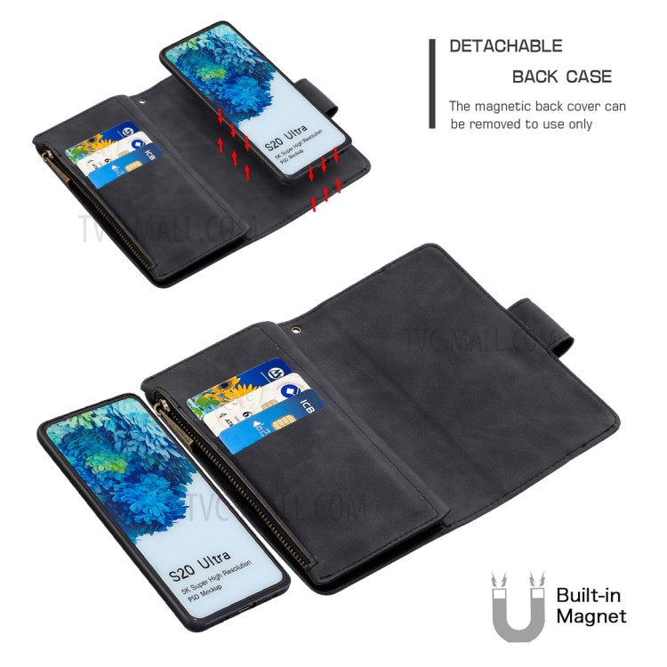 Reißverschlusspocket Abnehmbar 2-in-1 Leder-brieftaschenständer Telefonabdeckung Für Samsung Galaxy S20 Ultra - Schwarz