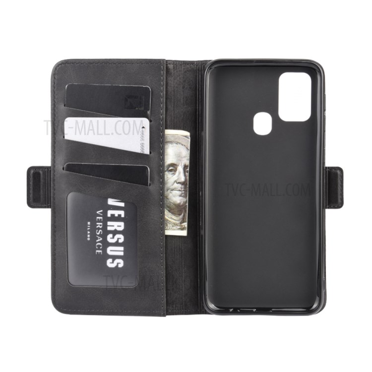 Double Clasp Flip Leather Wallet Unique Cover for Samsung Galaxy M31 - Black-4