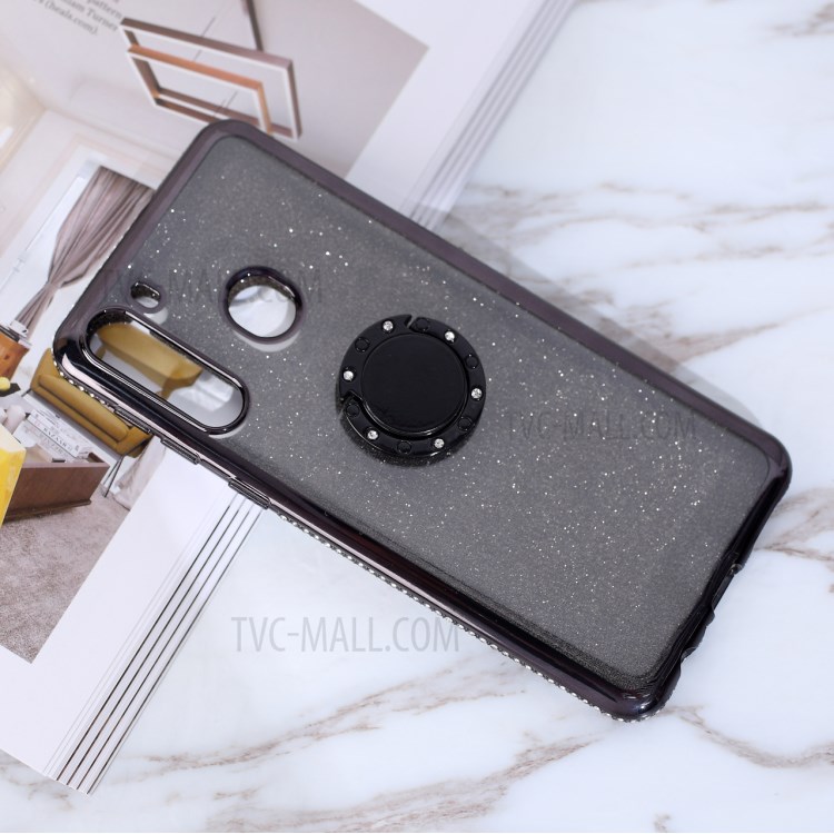 Flash Paper Electroplating Rhinestone Decoration TPU+Metal Shell for Samsung Galaxy A21 - Black-1