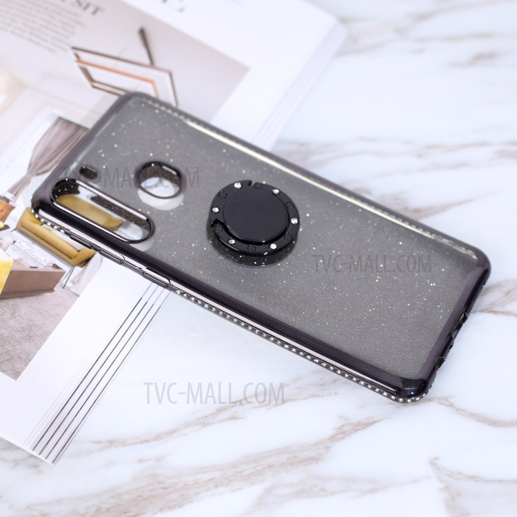 Flash Paper Electroplating Rhinestone Decoration TPU+Metal Shell for Samsung Galaxy A21 - Black-2