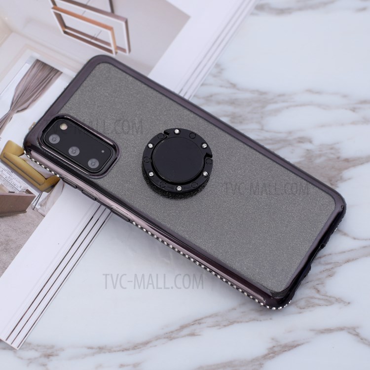 Glittery Powder Electroplating TPU with Metal Kickstand Cover for Samsung Galaxy S20 - Black-1