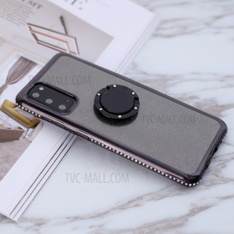 Glittery Powder Electroplating TPU with Metal Kickstand Cover for Samsung Galaxy S20 - Black-3