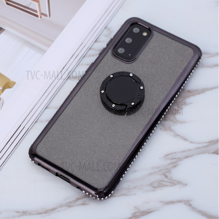 Glittery Powder Electroplating TPU with Metal Kickstand Cover for Samsung Galaxy S20 - Black-4
