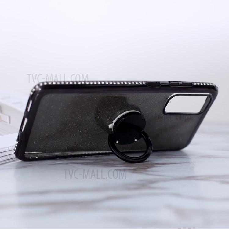 Glittery Powder Electroplating TPU with Metal Kickstand Cover for Samsung Galaxy S20 - Black-6