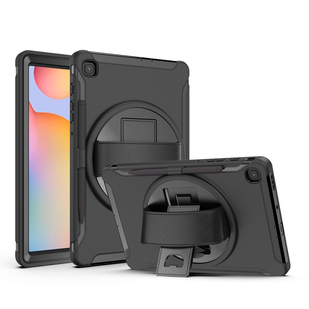 360° Swivel PC + TPU Tablet Cover with Pen Slot and Hand Strap for Samsung Galaxy Tab S6 Lite - Black-1