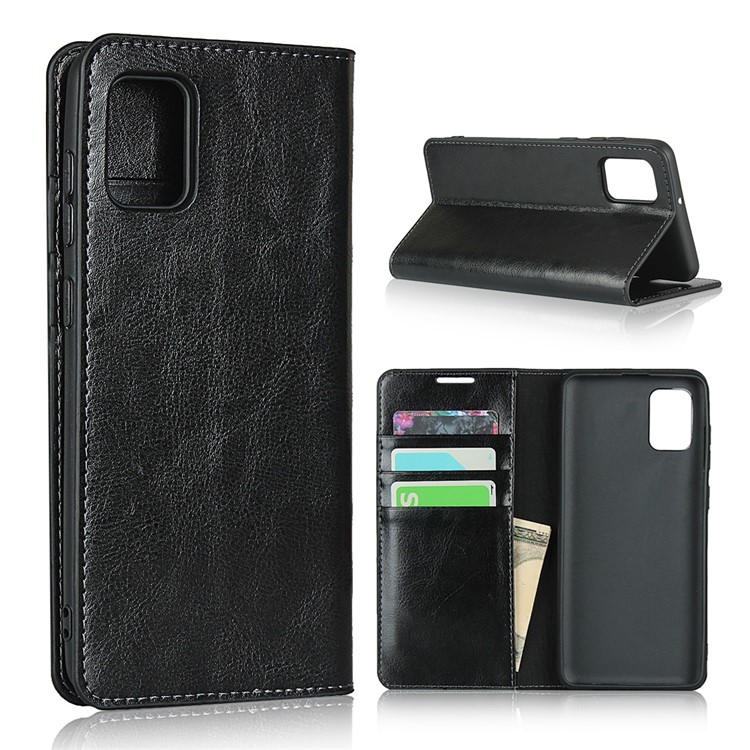 Crazy Horse Wallet Stand Genuine Leather Case for Samsung Galaxy A31 - Black-1
