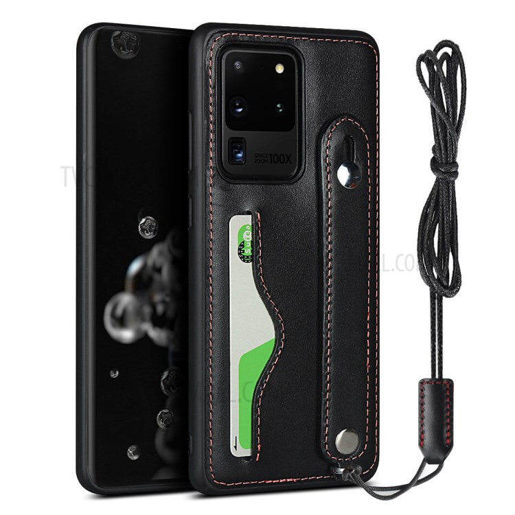 Genuine Leather Coated TPU Case with Handy Strap Card Slot Lanyard for Samsung Galaxy S20 Ultra - Black-1