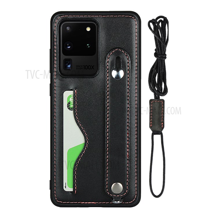 Genuine Leather Coated TPU Case with Handy Strap Card Slot Lanyard for Samsung Galaxy S20 Ultra - Black-2