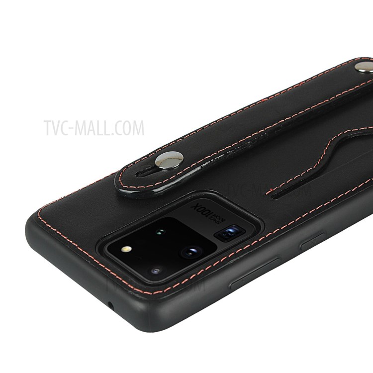 Genuine Leather Coated TPU Case with Handy Strap Card Slot Lanyard for Samsung Galaxy S20 Ultra - Black-6