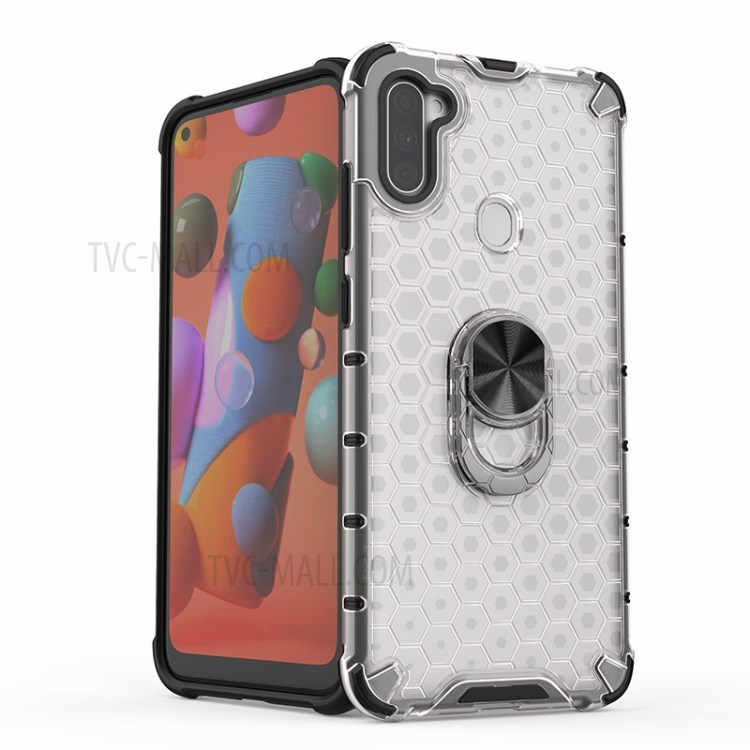 Finger Ring Kickstand Honeycomb Pattern TPU + PC Hybrid Shell for Samsung Galaxy A11 - White-11